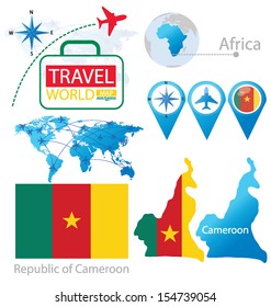 Republic of Cameroon. flag. World Map. Travel vector Illustration.