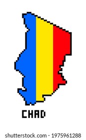 Republic of Chad, 8 bit pixel art african country map with flag isolated on white background. Old school vintage retro 80s, 90s computer, video game graphics. Slot machine design element.