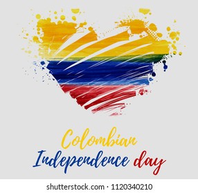 Republic of Colombia abstract brushed watercolor grunge flag in heart shape.  Colombia Independence day holiday background. Template for national holidays poster, banner, invitation, etc.