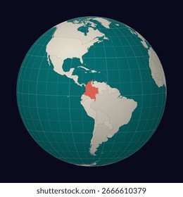 República de Colombia en el mapa. Globo centrado en Colombia. Ubicación de Country en el mapa mundial. Paleta de colores Teal Pale Mint. Globo con países, meridianos y paralelos.