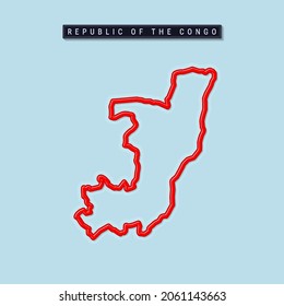 Republic of the Congo bold outline map. Glossy red border with soft shadow. Country name plate. Vector illustration.