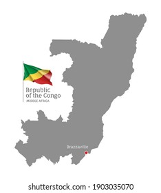 Republic of the Congo country map. Gray editable map with waving national flag and Brazzaville city capital, Middle Africa country territory borders vector illustration on white background