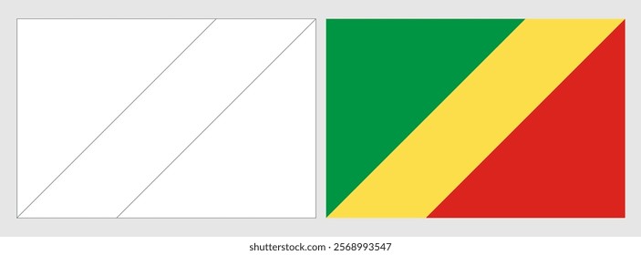 Republic of the Congo flag - coloring page. Set of white wireframe thin black outline flag and original colored flag.