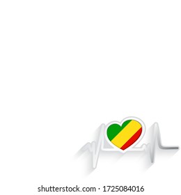 Republic of the Congo flag heart shaped and heartbeat line isolated on white. Republic of the Congo Patriotic Background. Vector illustration.
