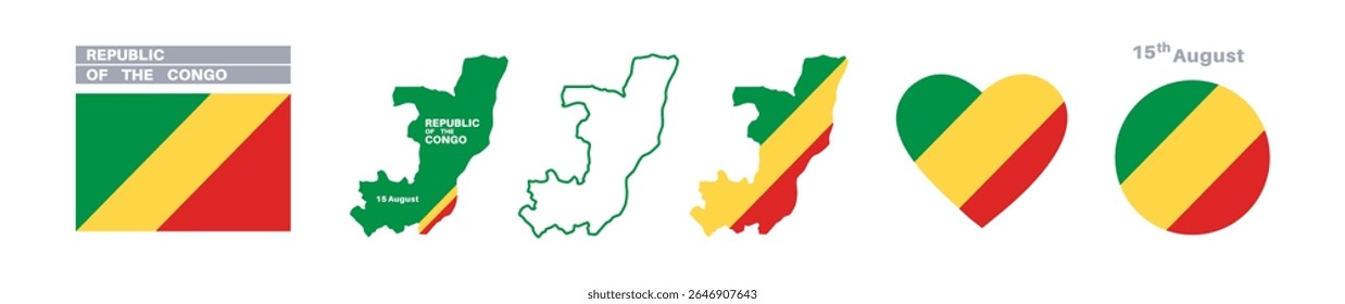 republic of the congo flag and map set. congo flag in official colors and proportions. independence day 15 august, map, circle and heart shaped congo