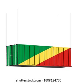 The Republic of the Congo flag symbol on cargo containers hang by chain, the concept import and export transport business of country.