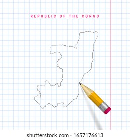 Republic of the Congo freehand pencil sketch outline map isolated on on checkered school notebook page background. Empty hand drawn vector map. Realistic 3D pencil with soft shadow.