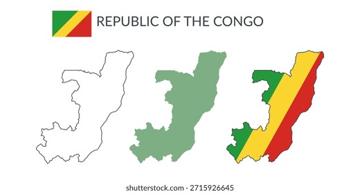 Fronteiras geográficas da República do Congo isoladas sobre fundo branco. Bandeira do Congo. Cliparts planas vetoriais.
