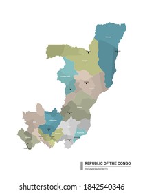 Republic of the Congo higt detailed map with subdivisions.