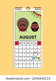 Republic of Congo Independence Day reminder on August 15th in a wall calendar with illustrative people wearing the nation's traditional attire.