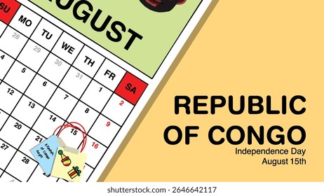 Republic of Congo Independence Day reminder on August 15th in a wall calendar with illustrative people wearing the nation's traditional attire.