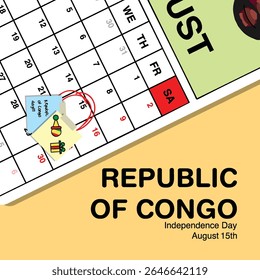 Republic of Congo Independence Day reminder on August 15th in a wall calendar with illustrative people wearing the nation's traditional attire.