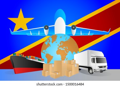 Republic of the Congo logistics concept illustration. National flag of Republic of the Congo from the back of globe, airplane, truck and cargo container ship