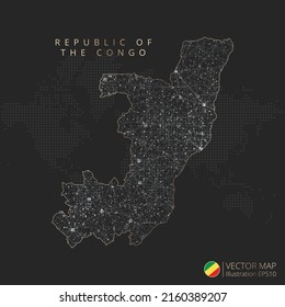 Mapa de la República del Congo mesh geométrica abstracta concepto de luz poligonal con líneas de contorno de color blanco y negro países y puntos sobre fondo oscuro. Ilustración vectorial.