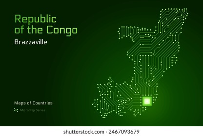 Republik Kongo Karte mit der Hauptstadt Brazzaville In einem Mikrochip mit Prozessor dargestellt. E-Government. In: World Countrys Vektorgrafik Maps. Mikrochipserie	