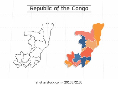 Republic of the Congo map city vector divided by colorful outline simplicity style. Have 2 versions, black thin line version and colorful version. Both map were on the white background.