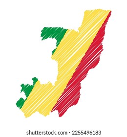 Republic of the Congo map color hand drawn sketch. Vector concept illustration flag, scribble map. Country map for infographic, brochures and presentations isolated on white background.