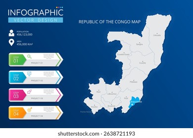 Republic of the Congo map with location pointer marks. High detailed country map with division, cities and capital infographic template. Vector illustration EPS10