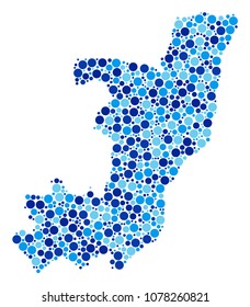 Republic Of The Congo Map mosaic of round spots in variable sizes and blue shades. Scattered circle elements are arranged into Republic Of The Congo Map mosaic.