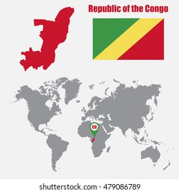 Republic of the Congo map on a world map with flag and map pointer. Vector illustration