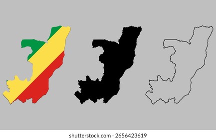 Republic of the Congo map in outline style, black color, color of country flag version