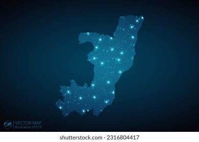 Mapa de la República del Congo, patrón radial de puntos en estilo futurista, diseño de contorno de círculo azul brillante hecho de estrellas. concepto de comunicación sobre fondo azul oscuro. EPS10 vectores