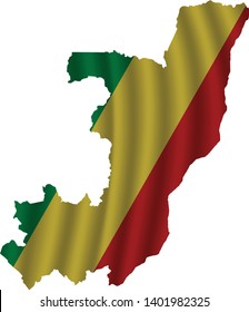 Republic of the Congo map with rippled flag on white illustration. Waving Fabric Flag Map of Republic of the Congo. Map of Africa. Vector White Background. Vector illustration eps10.