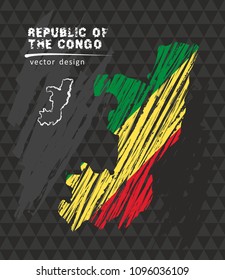 Republic of the Congo national vector map with sketch chalk flag. Sketch chalk hand drawn illustration