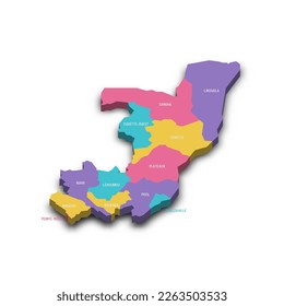 Republic of the Congo political map of administrative divisions - departments. Colorful 3D vector map with dropped shadow and country name labels.