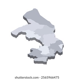 Republic of the Congo political map of administrative divisions - departments. 3D isometric blank vector map in shades of grey.