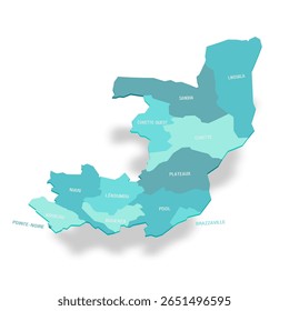 Mapa político da República do Congo das divisões administrativas - departamentos. Mapa de vetor turquesa 3D com rótulos de nome.