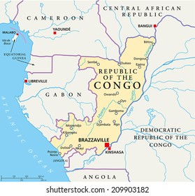 Republic of the Congo Political Map with capital Brazzaville, with national borders, most important cities, rivers and lakes. Illustration with English labeling and scaling.