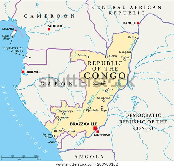 Republic Congo Political Map Capital Brazzaville Stock Vector (Royalty ...