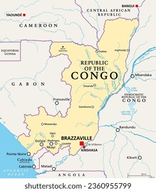 Republic of the Congo, political map. Also known as the Congo, is a country located on the western coast of Central Africa, to the west of the Congo River, with the capital Brazzaville. Vector.