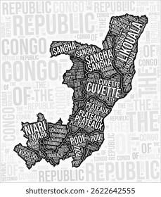 Republic of the Congo regions map word cloud. Republic of the Congo region names. Black and white map design. Awesome vector illustration.