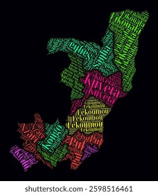 Republic of the Congo Regions Word Clouds. Bright neon style design on dark background. Region names of the country in French language. Country shape with administrative division.