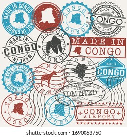 Republic of the Congo Set of Stamps. Travel Passport Stamps. Made In Product. Design Seals in Old Style Insignia. Icon Clip Art Vector Collection.