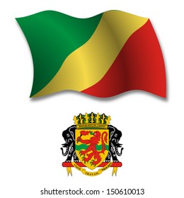 republic of the congo shadowed textured wavy flag and coat of arms against white background, vector art illustration, image contains transparency transparency