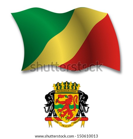 republic of the congo shadowed textured wavy flag and coat of arms against white background, vector art illustration, image contains transparency transparency