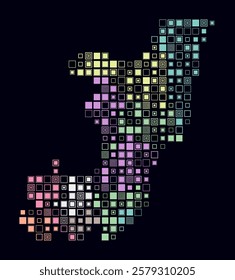 Republic of the Congo, shape of the country built of colored cells. Digital style map of the Republic of the Congo on dark background. Large size square blocks. Beautiful vector illustration.