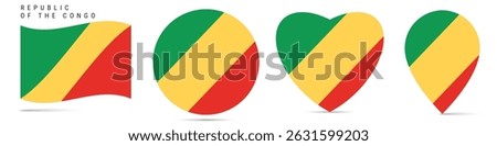 Republic of the Congo waving flag, round circle sticker badge, heart shaped icon, map pin. Congolese flag buttons of different shapes. Vector illustration isolated on white.