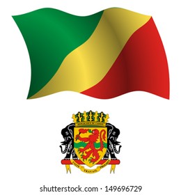 republic of the congo wavy flag and coat of arms against white background, vector art illustration, image contains transparency