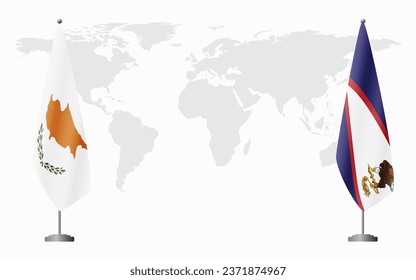 Banderas de la República de Chipre y de Samoa Americana para una reunión oficial sobre el fondo del mapa mundial.