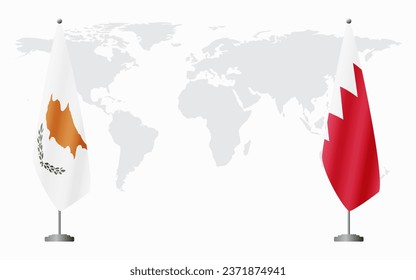 Republic of Cyprus and Bahrain flags for official meeting against background of world map.