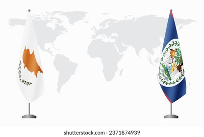 Banderas de la República de Chipre y Belice para una reunión oficial en el contexto del mapa mundial.
