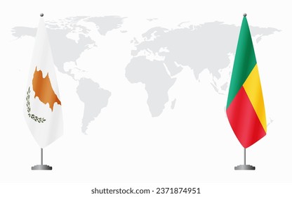 Republic of Cyprus and Benin flags for official meeting against background of world map.