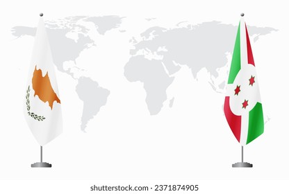 Republic of Cyprus and Burundi flags for official meeting against background of world map.