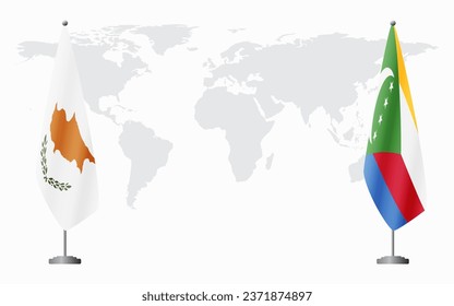 Republic of Cyprus and Comoros flags for official meeting against background of world map.