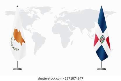 Republic of Cyprus and Dominican flags for official meeting against background of world map.