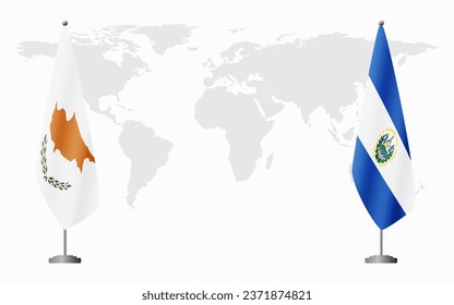 Republic of Cyprus and El Salvador flags for official meeting against background of world map.